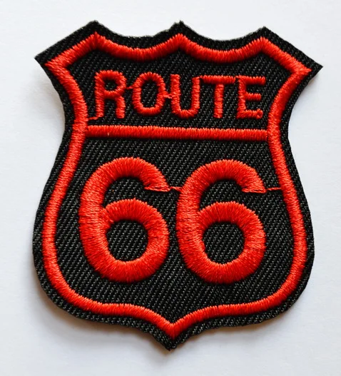 

100x Red Route 66 retro muscle cars Americana PATCH BLACK IRON ON APPLIQUE Highway Road Sign (≈ 4.7 * 5.5 cm)