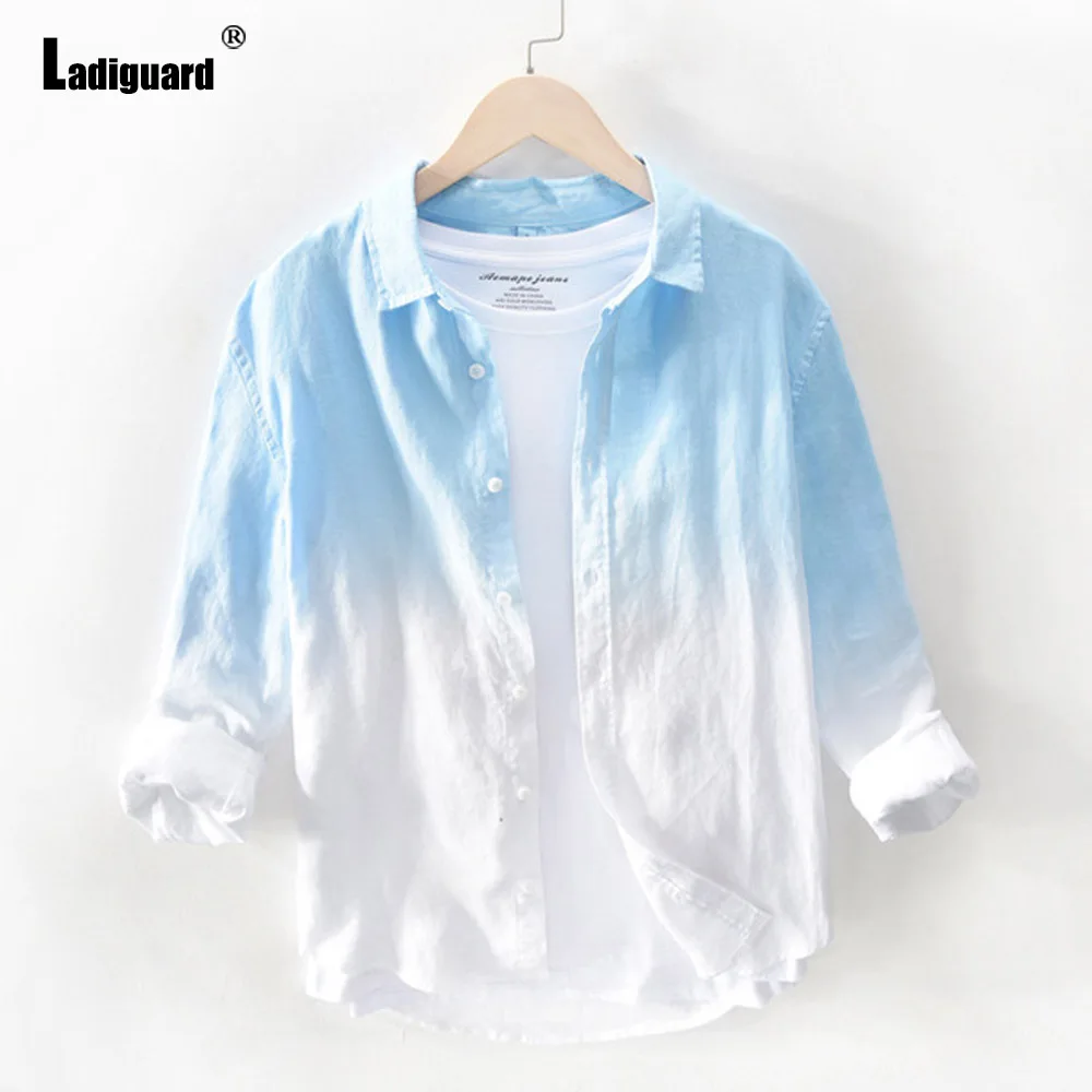 Long Sleeve Cotton Linen Shirt blusas Sexy Men clothing 2024 Single-breasted Top Lepal Collor Mens Fashion Gradient Blouse Homme