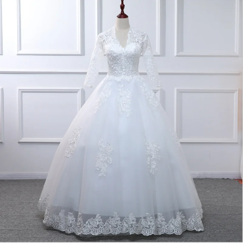 Elegant wedding dress V-Neck Backless three-quarter sleeves Net Applique Lace up Bridal Ball Gown