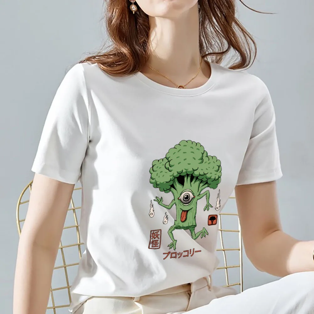 T-shirt Female Summer Leisure Self-cultivation Cartoon Green Vegetable Monster Print Short-sleeved Ladies Commuter O-neck Blouse