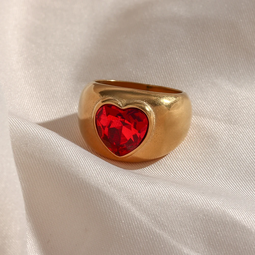 E.B.belle Stainless Steel Statement Red Zircon Stone Heart Ring Exaggerated Bold Chunky Ring Band Party Rings For Women