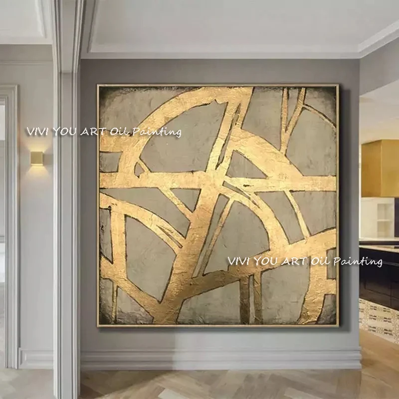 Handmade Gold Leaf Abstract Line Canvas Art, Hand Painted Neutral Tone Oil Painting, Wabi Sabi Office Entryway Decor