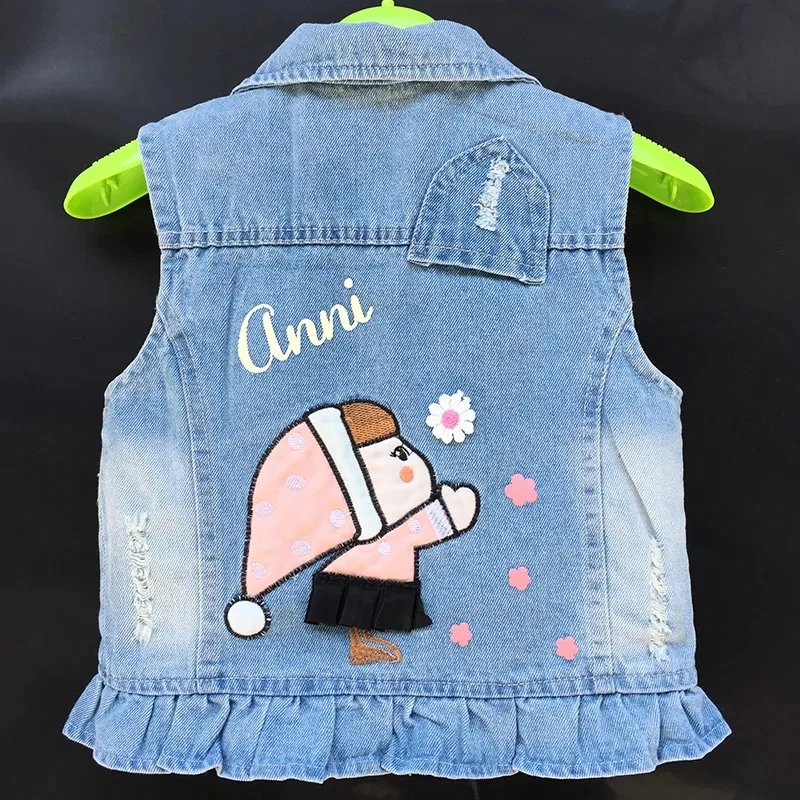 Baby Girl\'s Spring Autumn Cotton Denim Cartoon Vest Toddler Kids Sequins Embroidery Girls Waistcoat Children Jacket Clothing