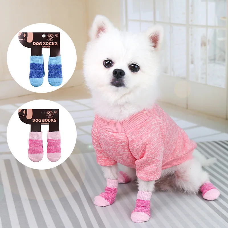 4pcs Warm Puppy Dog Shoes Soft Pet Knits Socks Small Dogs Cartoon Anti Slip Skid Socks Breathable Pet Products Indoor Wear Boot