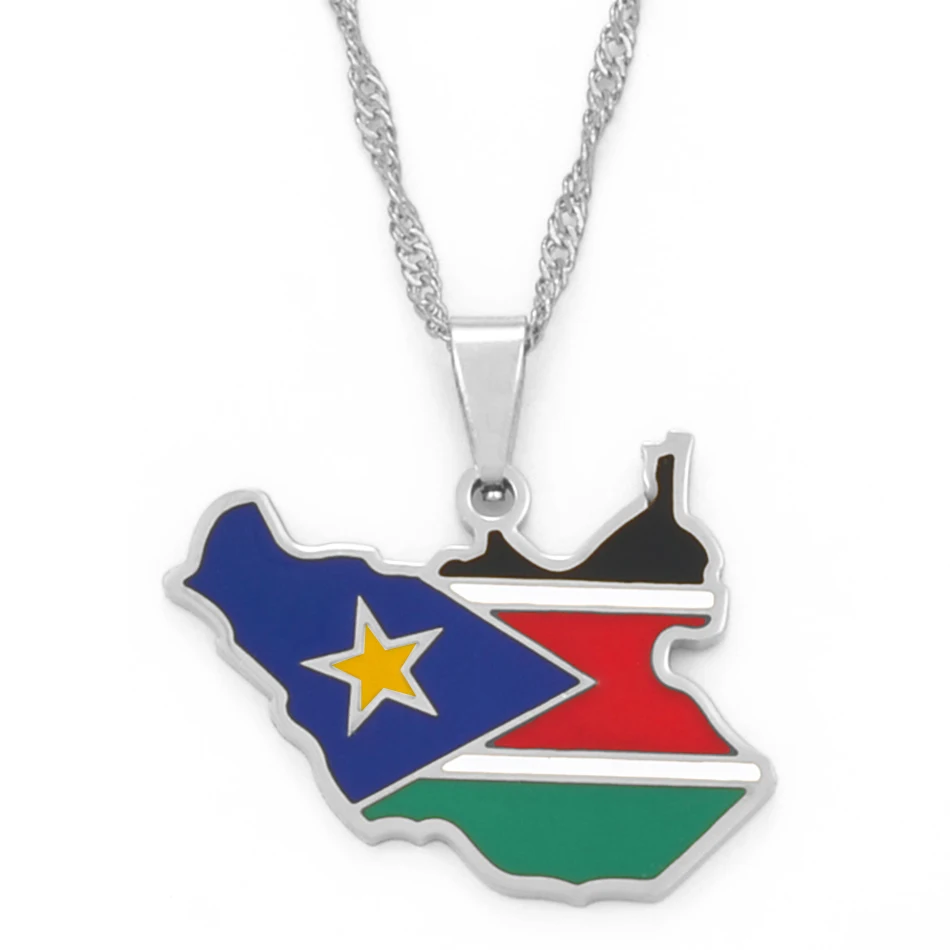 Anniyo South Sudan Map Flag Pendant Necklaces Silver Color/Gold Color Jewelry South Sudanese Maps Ethnic  @098721