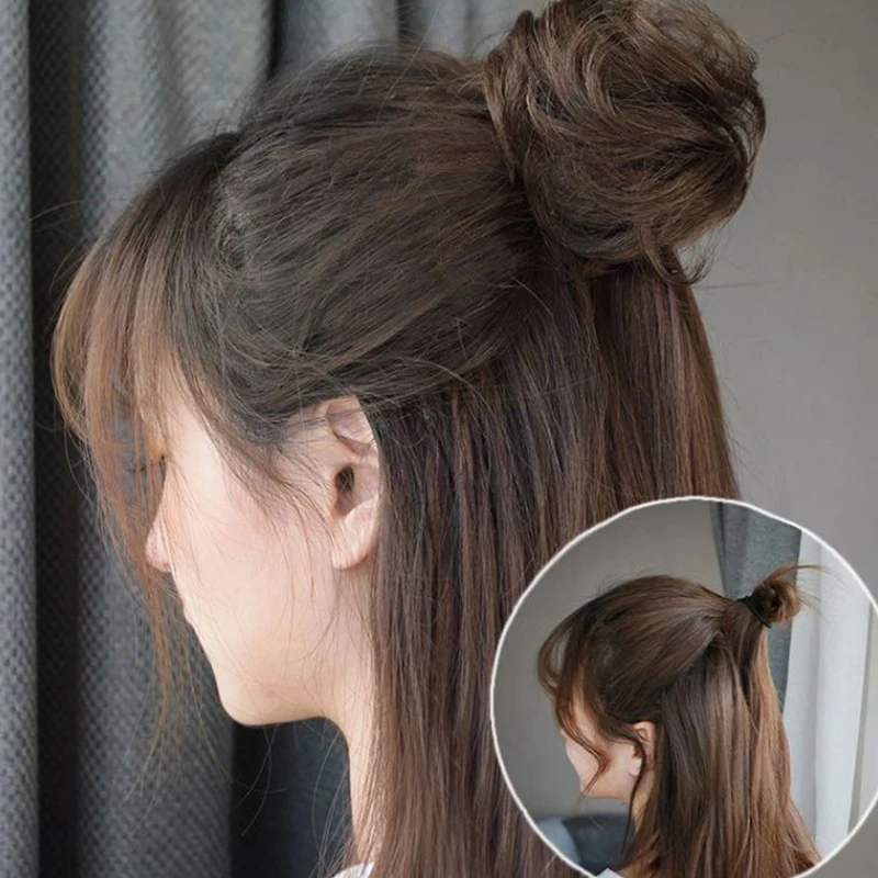 여자 곱슬 Scrunchie Chignon 고무 밴드 브라운 블랙 합성 헤어 링 랩 지저분한 롤빵 Ponytails 스트레이트 헤어 넥타이