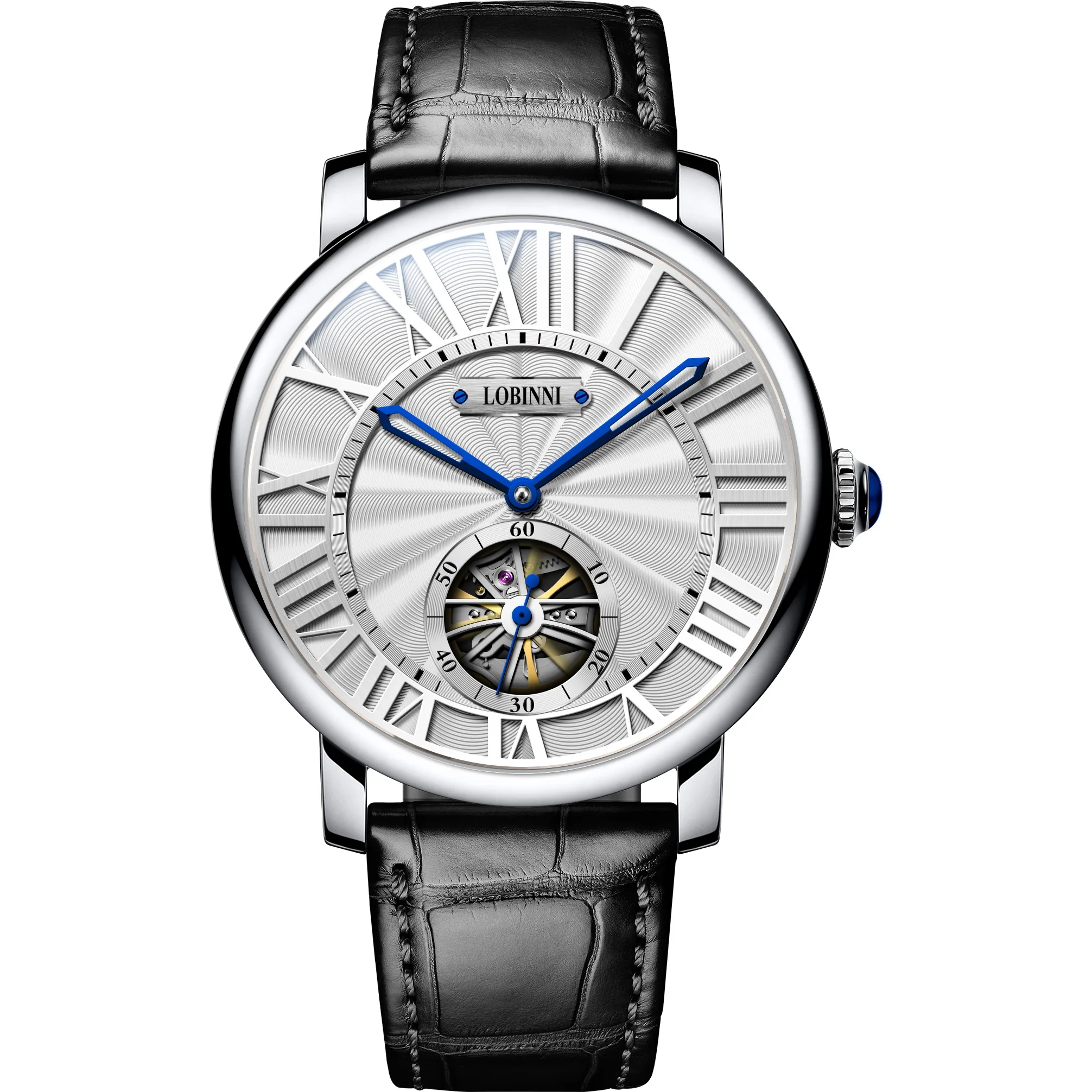 LOBINNI Men Automatic Watch 40mm Mechanical Wristwatch Sapphire Mirror Skeleton Flywheel Dial 50m Waterproof Roman Scales