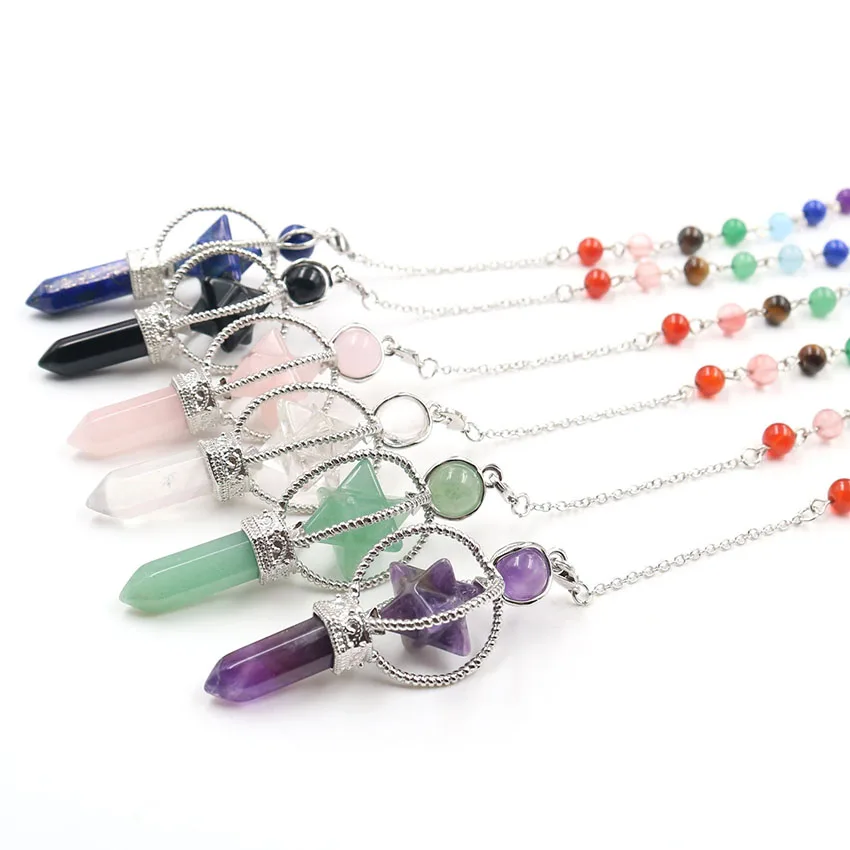 XSM 62*23mm Sceptre Pendants Natural Stone Crystal Pencil  7 Chakra Chain Merkaba Pendulum Dowsing Reiki Healing Jewelry 1 Pcs