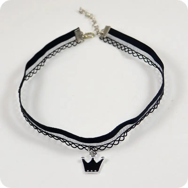 Elegant Lace Choker Necklace Black Crown Pendant Necklace Women Fashion Jewelry