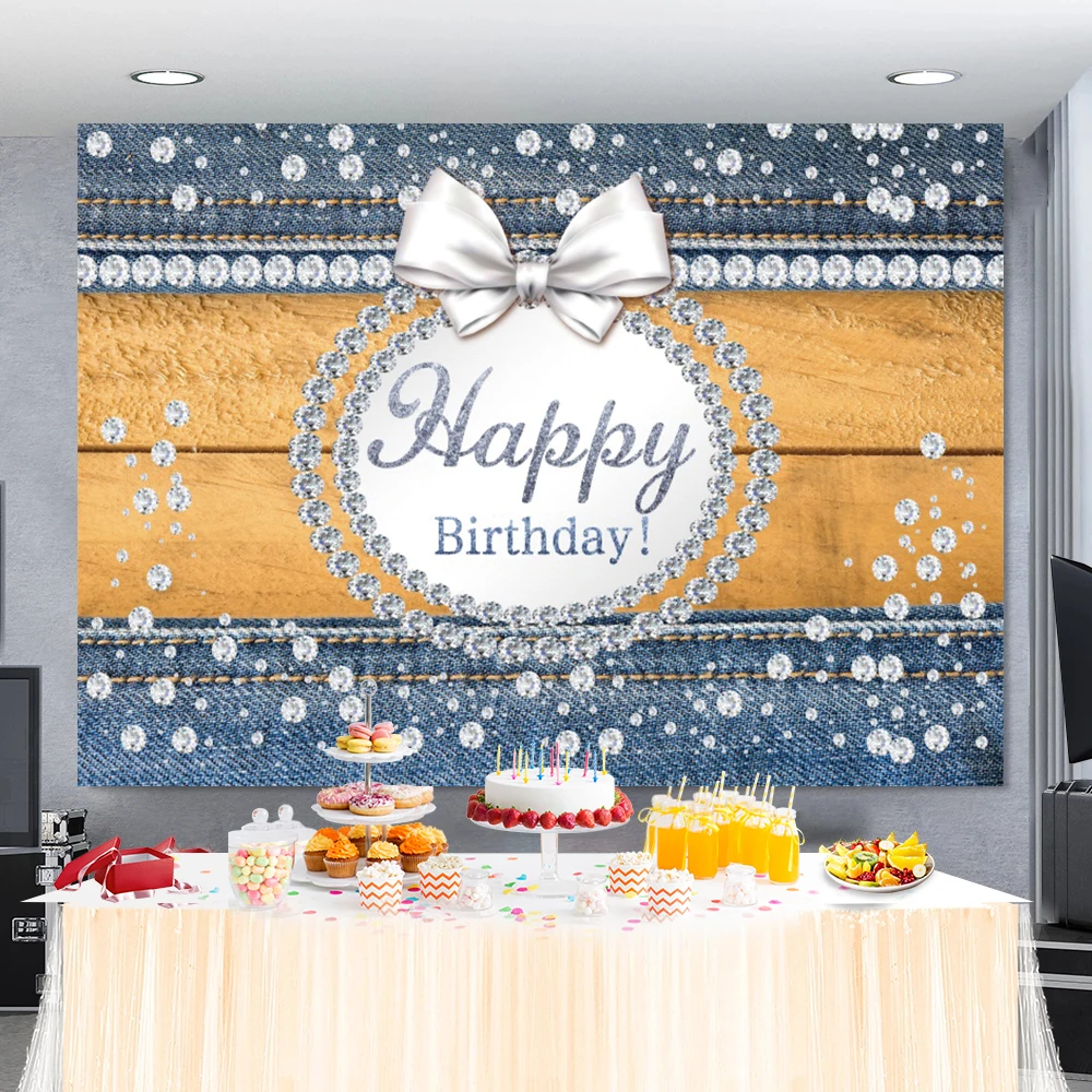 Laeacco Happy Birthday Photo Backdrop Diamond Jeans Style Wooden Board Women's Birthday Party Photography Background