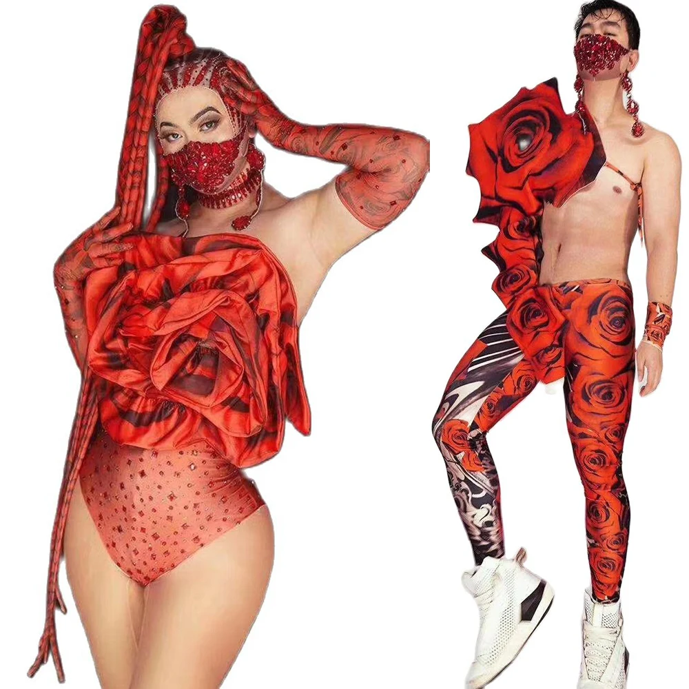 

Red Couple Clothing Three-Dimensional Floral Decoration Printing Bodysuit Nightclub Dance Show Wear Festival Uniform Costumes