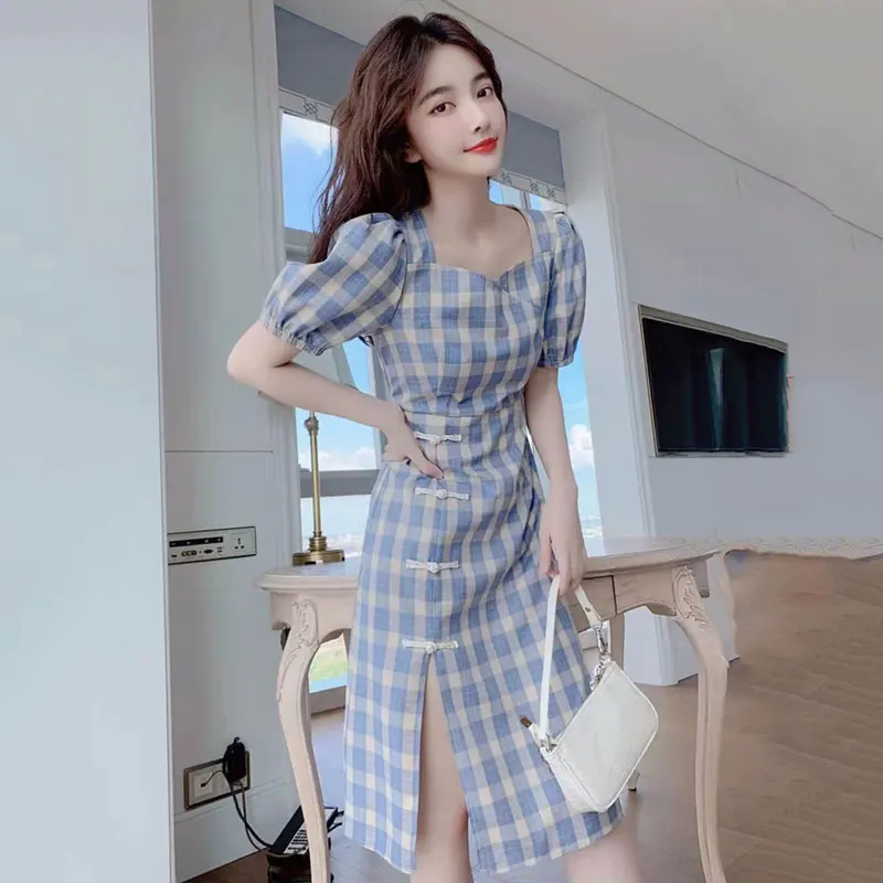 2021 Fashion Chinese Young Style Improved Cheongsam Dress Female French Square Collar Sexy Side Split Plaids Vestidos Mujer