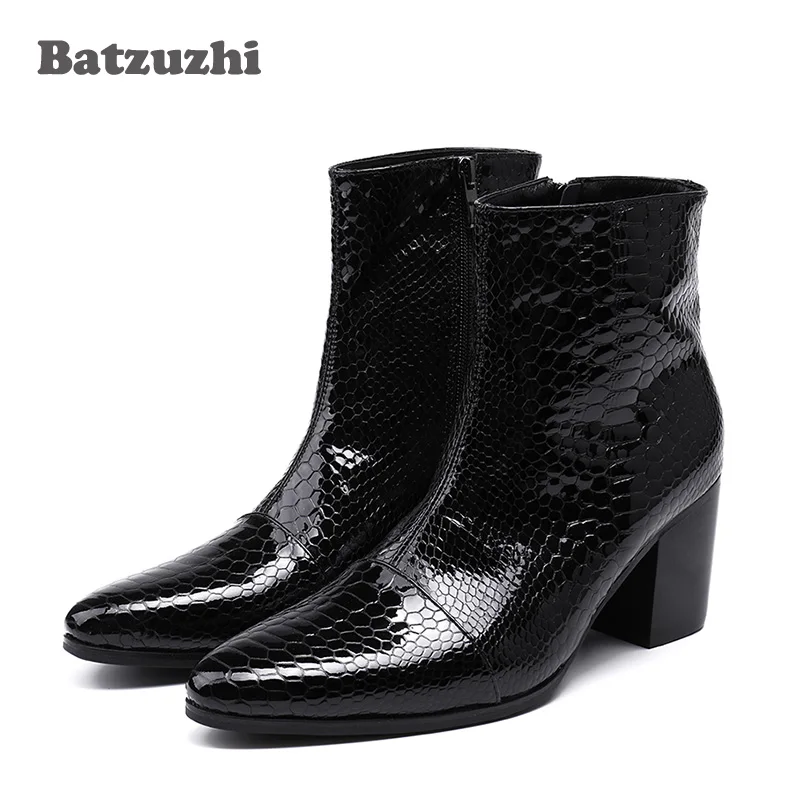 Batzuzhi 7CM High Heels Men Boots Genuine Leather Boots Men Ankle