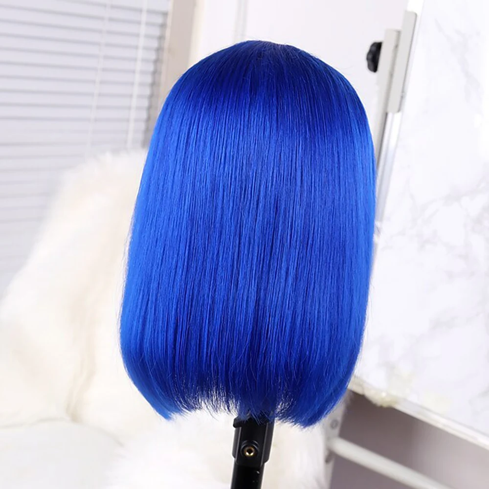 150% densidade novo design feminino adorável juventude curto cabelo humano peruca de renda azul bob estilo perucas para mulher branca