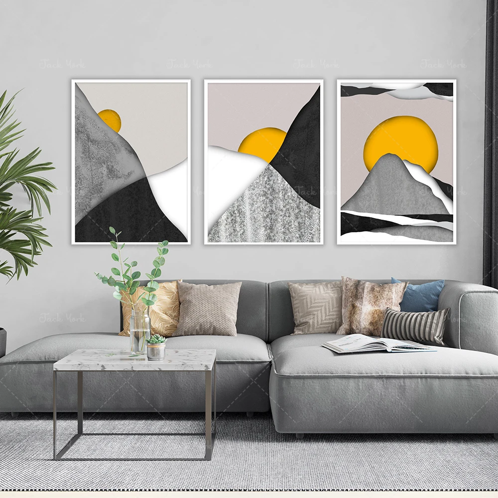 Contemporary Modern Minimalist Print, Landscape Art Abstraction, Yellow Sun over the mountain, Abstract Mid Century Black White