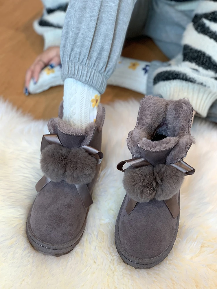 Plush Cotton Shoes Women's Shoes Winter 2021 New Fashion Bow Suede Thick-soled Warm Snow Boots  Platform Shoes