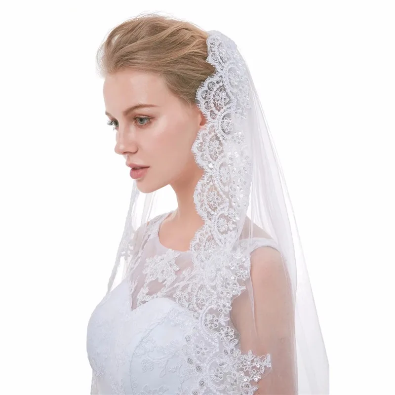 White Ivory Bling bling one Layers Applique Lace Bridal veil Wedding Veils With Comb Velos De Novia Wedding accessories