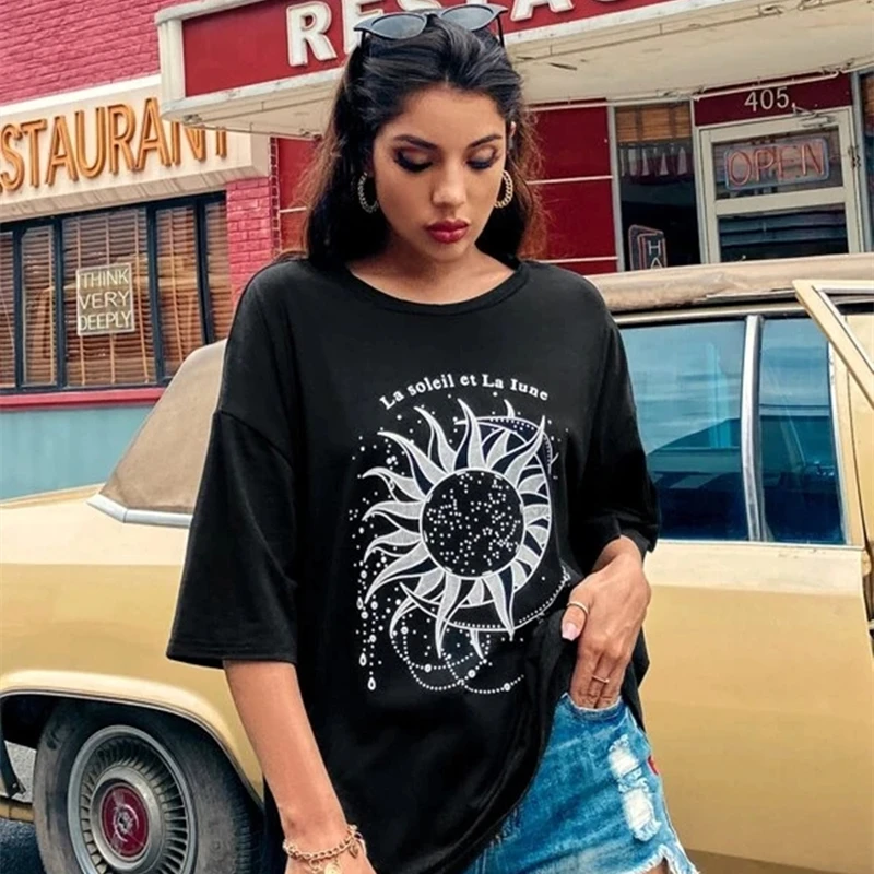Women Short Sleeve Sun Moon Funny Printed T Shirt Cotton O-Neck Fashion Street Style Tops for Female