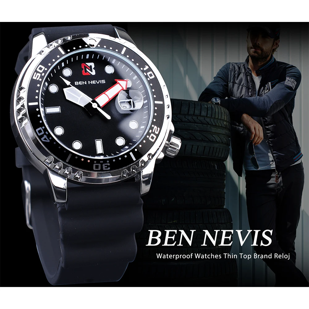 Men Sport Watch with Rubber Strap BEN NEVIS Black Waterproof Quartz Watches Male with Gift Box Luminous Hands Relógio Masculino