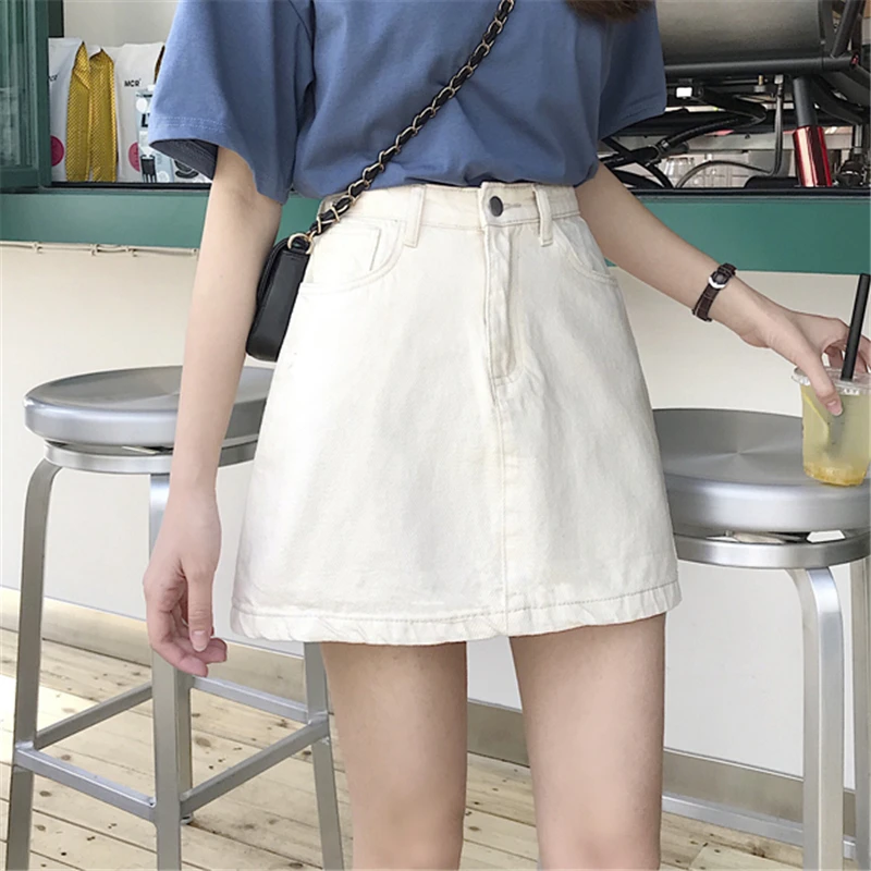 Casual Spring Summer Solid High Waist Mini Women A-Line Skirt Vintage Female Kawaii Students Empire Above Knee Slim Skirts