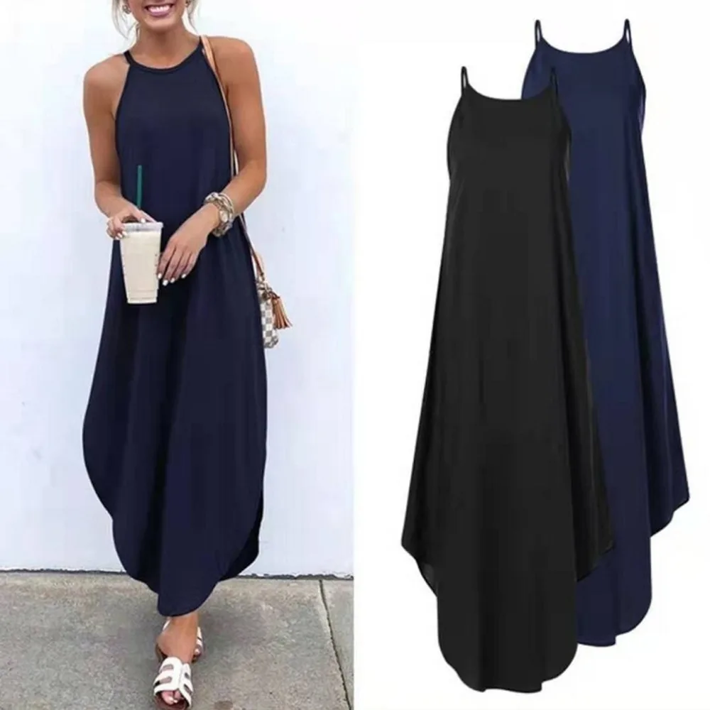 

Women Dress Summer Nice Casual Sleeveless Halter Solid Beach Long Dress Round Neck Sling Fashion Beach Clothes