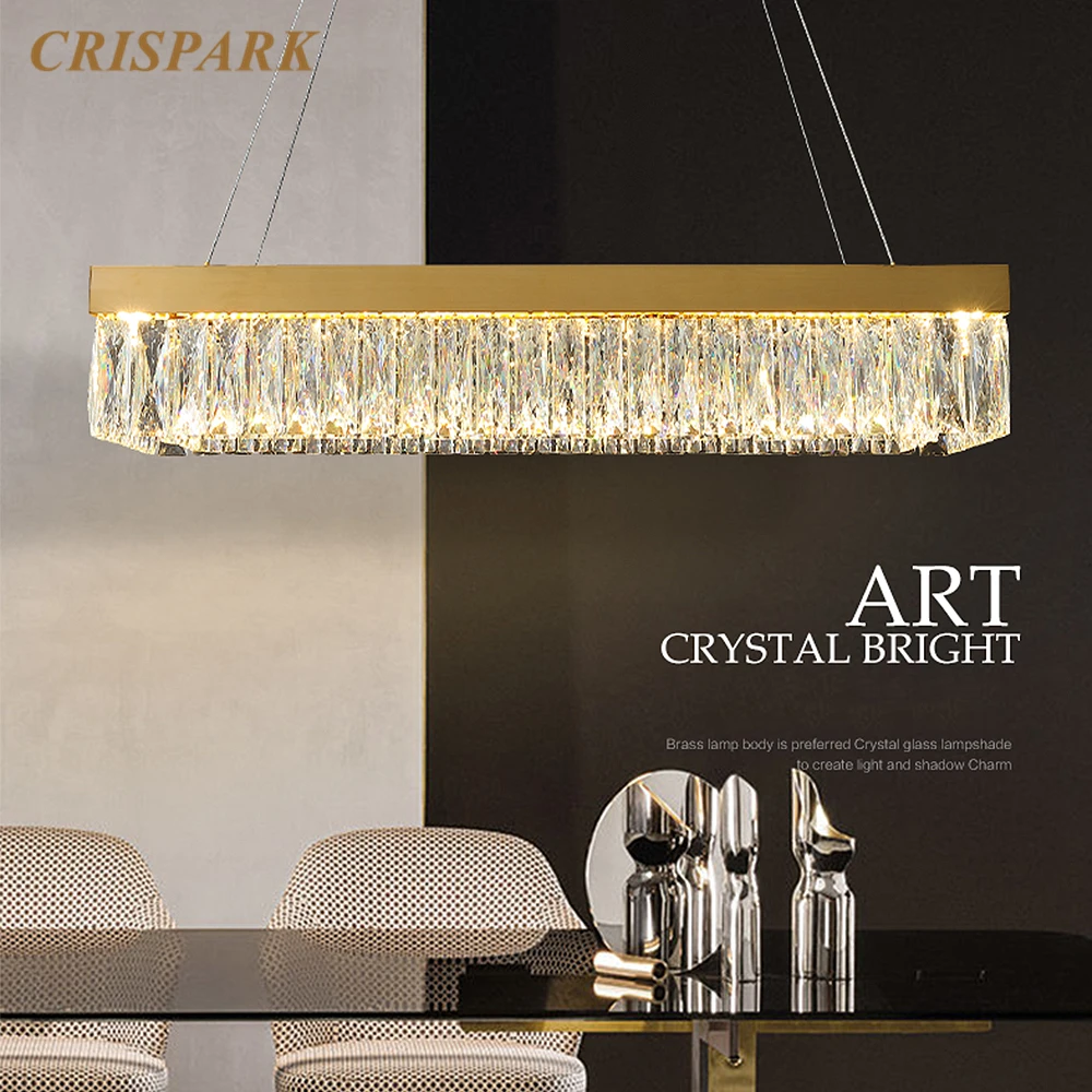 

Modern Luxury Clear Crystal Chandelier Light LED Gold Finish Rectangular Indoor Hanging Lamp Art Deco Living Room Dining Table