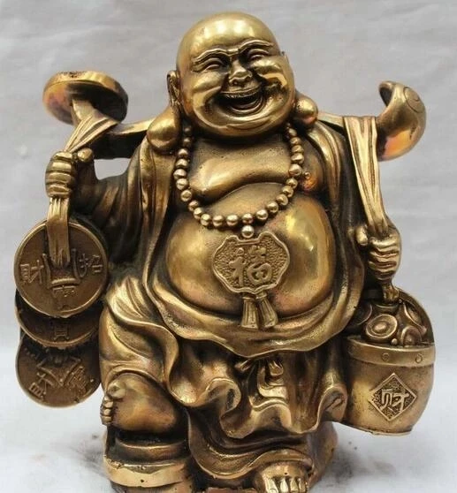 

Lucky Chinese Brass Buddhism Happy Laugh Money Yuanbao Maitreya Buddha Statue