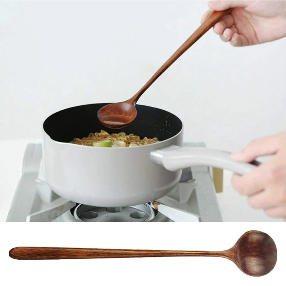 

1pc Long Spoons Wooden Korean Style 10.9 inches 100% Natural Wood Long Handle Round Spoons for Soup Cooking Mixing Stirr