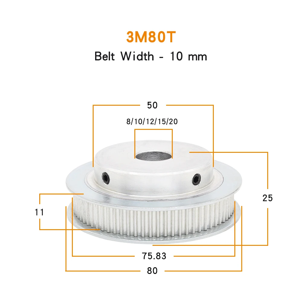 Roues de poulie en alliage, 3M-75T/80T, alésage 8/10/12/15/20mm, pas des dents 3.0mm, forme BF, assortie avec largeur 10mm, 3M, courroie de distribution