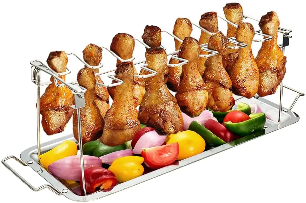 

Chicken Leg Wing Rack 14 Slots Stainless Steel Metal Roaster Stand with Drip Tray for Smoker Grill or Oven