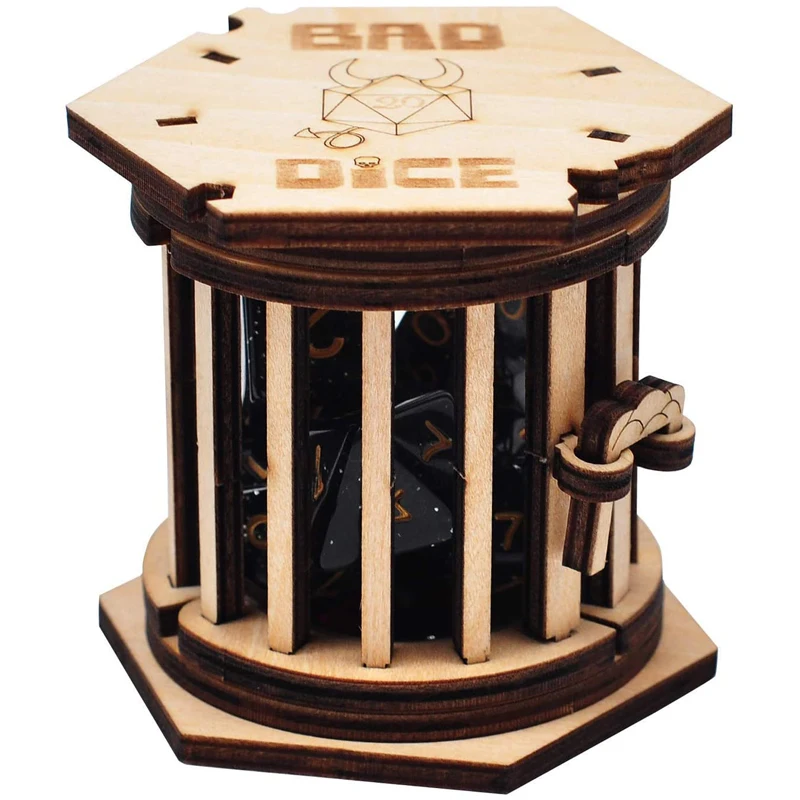 DND Dice Jail Prison with Polyhedral Dice Set Wood Cage for Your Bad Dice