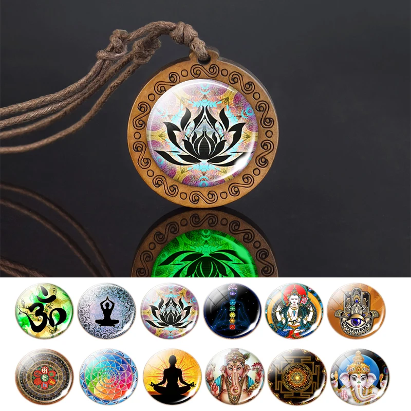 Buddhism Lotus Wooden Necklace India Om Symbol Yoga Flower of Life Mandala Vintage Collares Luminous Jewelry