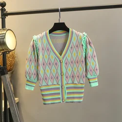 Cardigan lavorato a maglia scozzese Argyle perline di lusso Top donna estate manica corta scollo a v monopetto volant maglione elegante Blusas