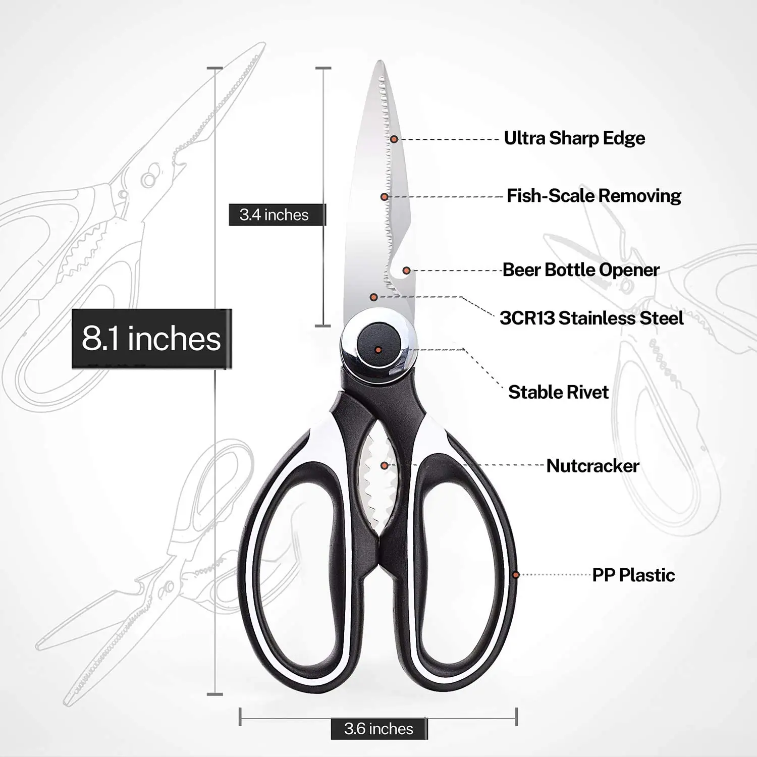 Multipurpose Kitchen Shears,Premium Kitchen Scissors,Ultra Sharp,Cooking,Home,Utility,304Stainless Steel Seafood Scissors