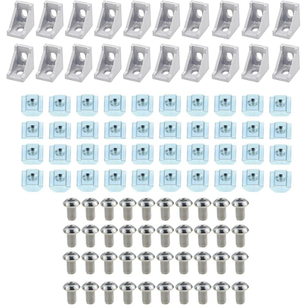 2028 Aluminum Profile Connector Set: 20pcs 2028 Corner Bracket + 40pcs 20 Series M5 T-slot Nuts + 40pcs M5x10mm Hex Socket Cap