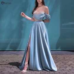 Sky Blue A-Line Prom Dresses Long Sexy High Slit Satin Off the Shoulder Beaded Lace Formal Evening Gowns Vestidos De Noite