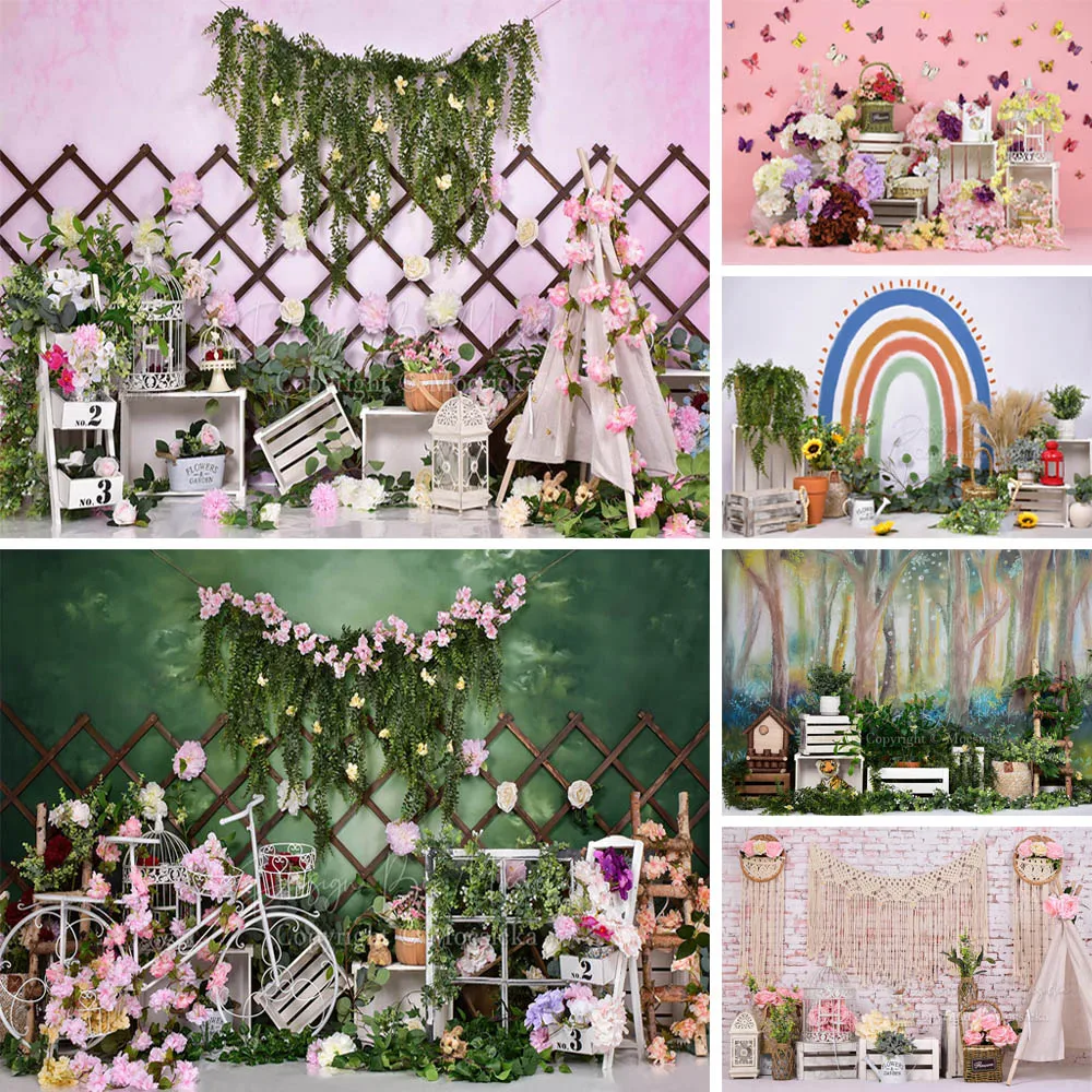 Arrière-plan de photographie de gâteau de nouveau-né, fleurs de rêve de printemps, Portrait d'enfant de 1er anniversaire, douche de bébé, séance Photo