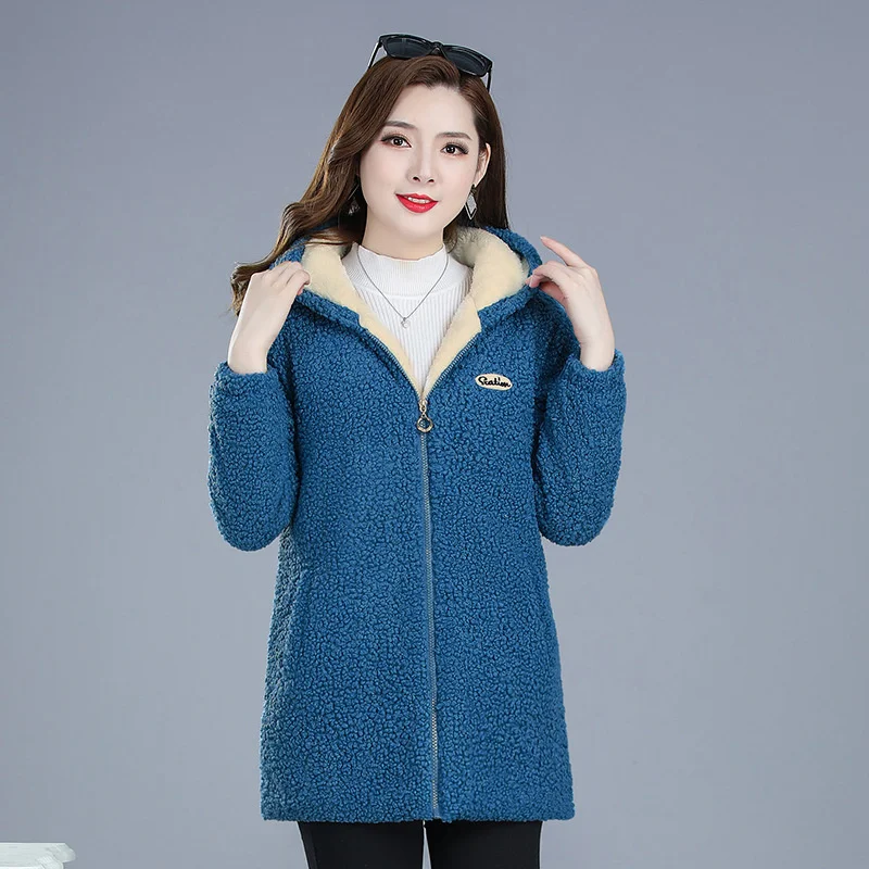 Middle-aged Mother Women\'s Lamb Wool Coat 2022 New Fashion Winter Jacket Women Loose Hooded Mid-length Female Overcoa