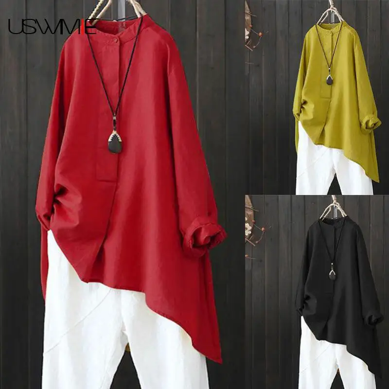 

Womens Tops And Blouses Long Sleeve Solid Color Casual Cotton Linen Solid Color Irregular Hem Comfort Plus Size Women Shirt