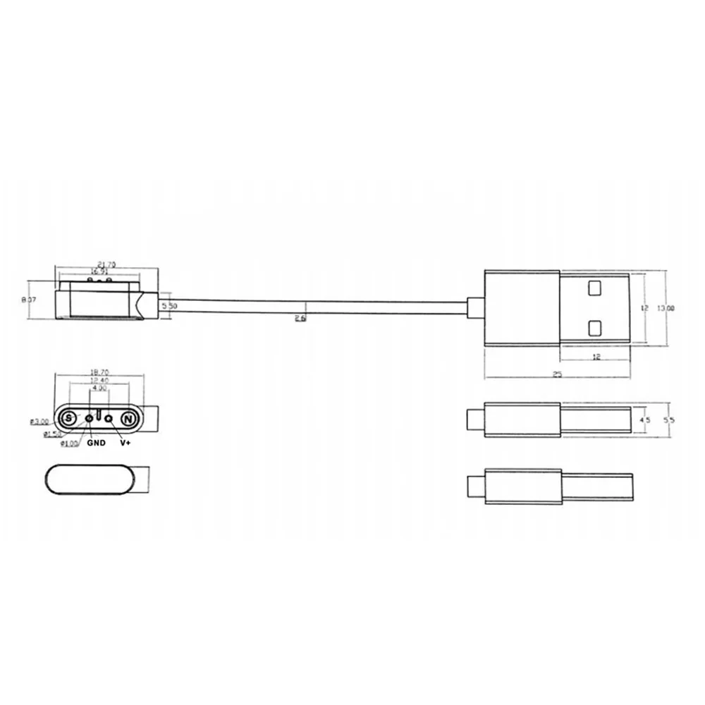 2ピン4mmusb充電器ケーブル,スマートリストバンド,充電ライン,磁気吸引充電ケーブル,緊急保護