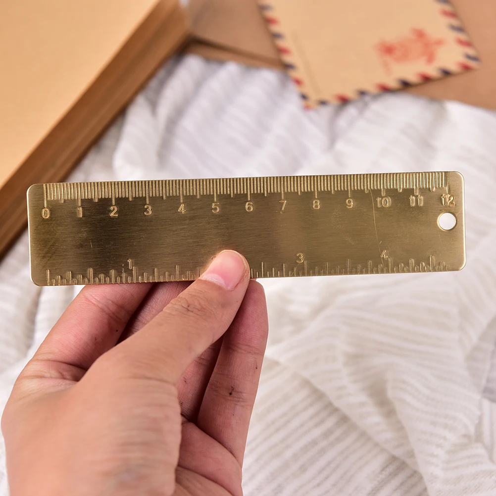 Durable Metal 12cm Scales Rulers Vintage Brass Handy Straight Ruler School Copper Metal Bookmark CM Inch Dual Scales