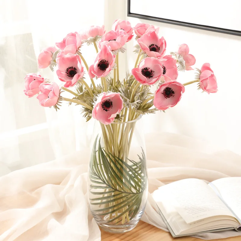 6PCS Artificial Anemones Flowers Real Touch Poppy Branches for Wedding Home Decoration Fake Flower Fall Decorations