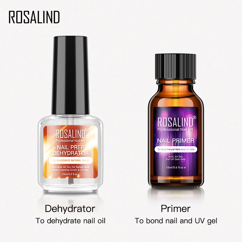 Rosalind 15ML Nail Primer And Dehydrator Set For Manicure Magic Remover Nail Art Base Top Matt Coat Long Lasting Gel Lacquer Kit