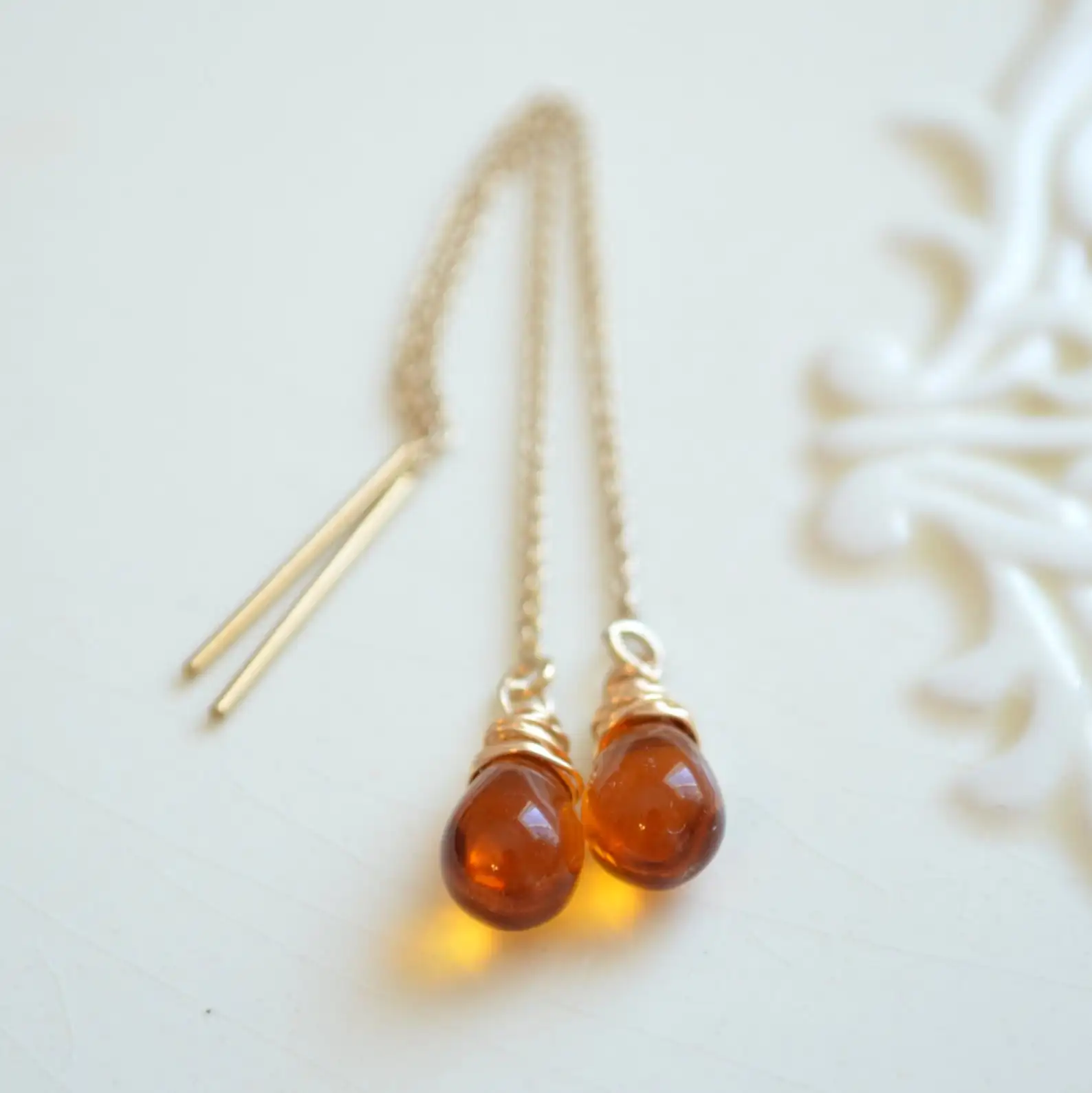 Topaz Threader Earrings, Smooth Glass Teardrop, Cable Chain, Delicate, Dainty, Wire Wrapped