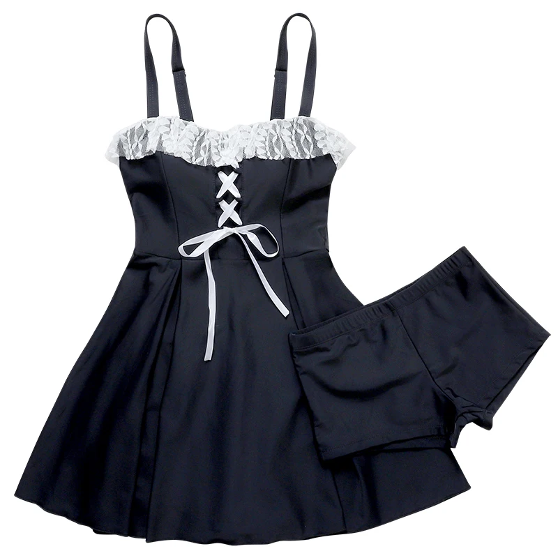 2020 Lolita Swimwear Women Swimsuit Two Piece Black Bathing Suit Japanese Swimming Skirt Suit with Shorts for Women M-XL