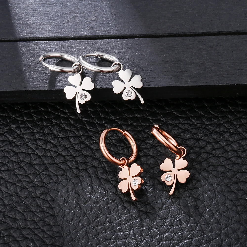 Gold Plated Stainless Steel Earrings For Woman Four Leaf Clover Hoops Earrings With Crystal Wedding Party New Fashion Jewelry