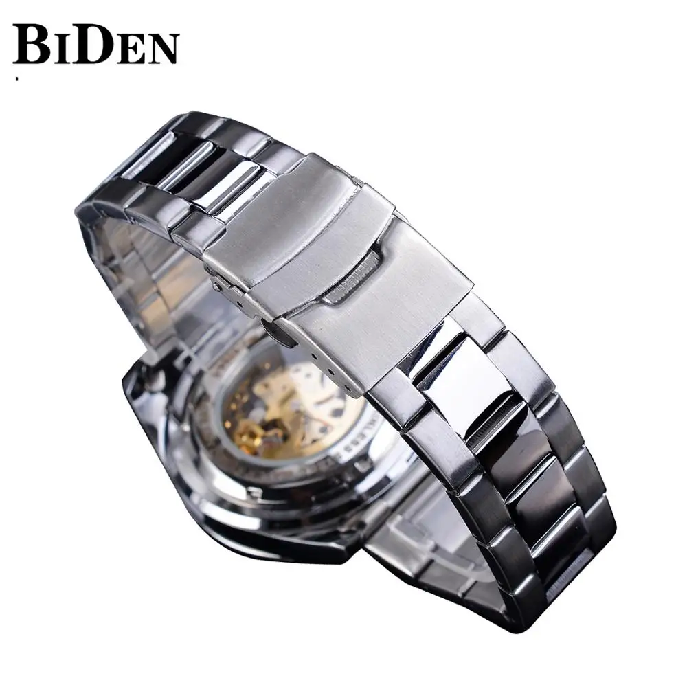 BIDEN Green Skeleton Dial Diamond Design Automatic Watch Waterproof Stainless Steel Luminous Hand Men Business Mechanical Watch