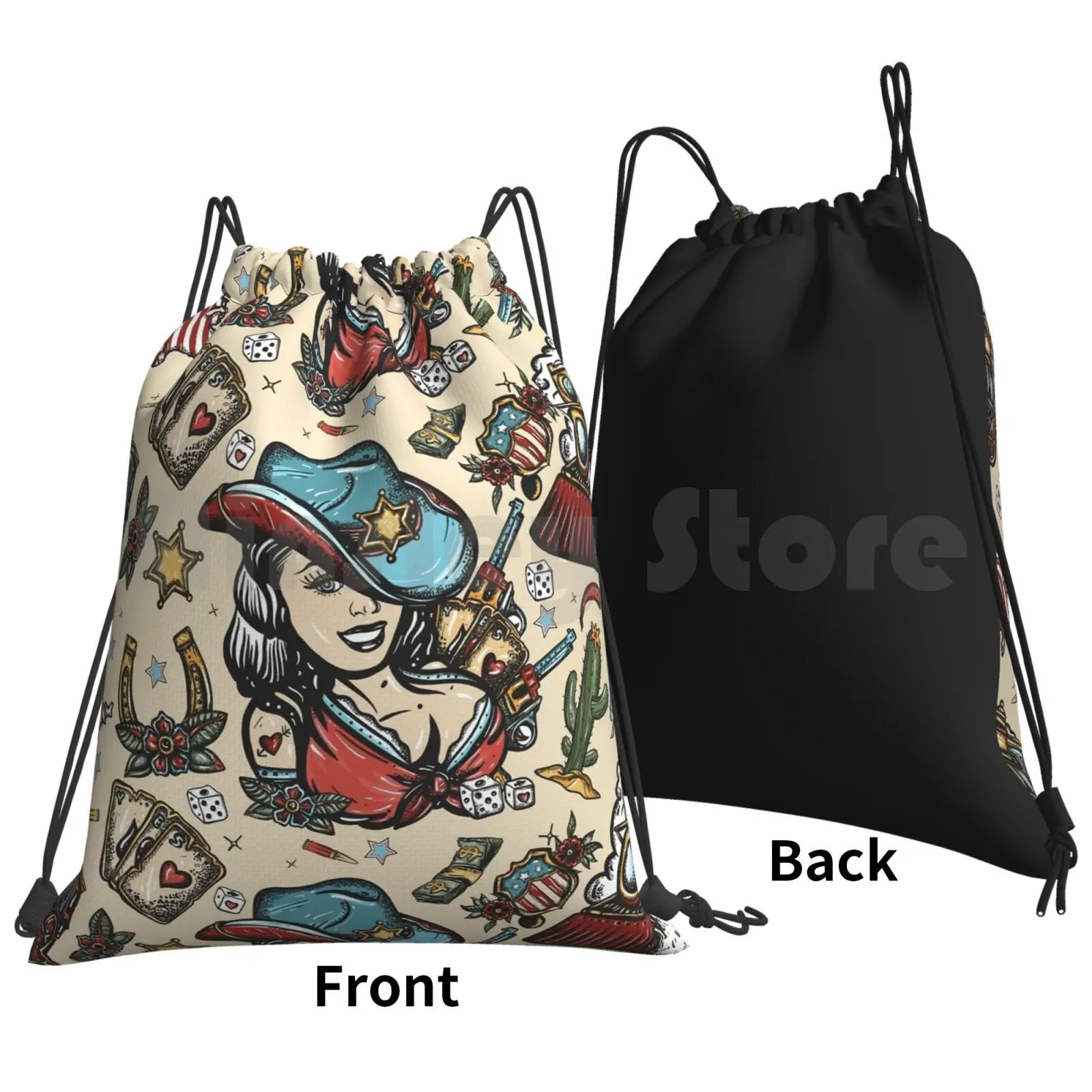 Western Style Backpack Drawstring Bag Riding Climbing Gym Bag America American American History Beautiful Cactus Cartoon