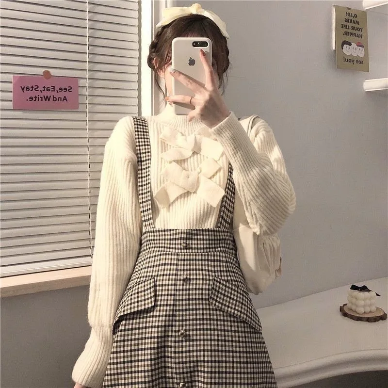 Two Pieces Women Sets Apricot Bow Top Warm and High Waist Plaid Bottom Korean Style Chic Popular Trendy Elegant Spring Autumn