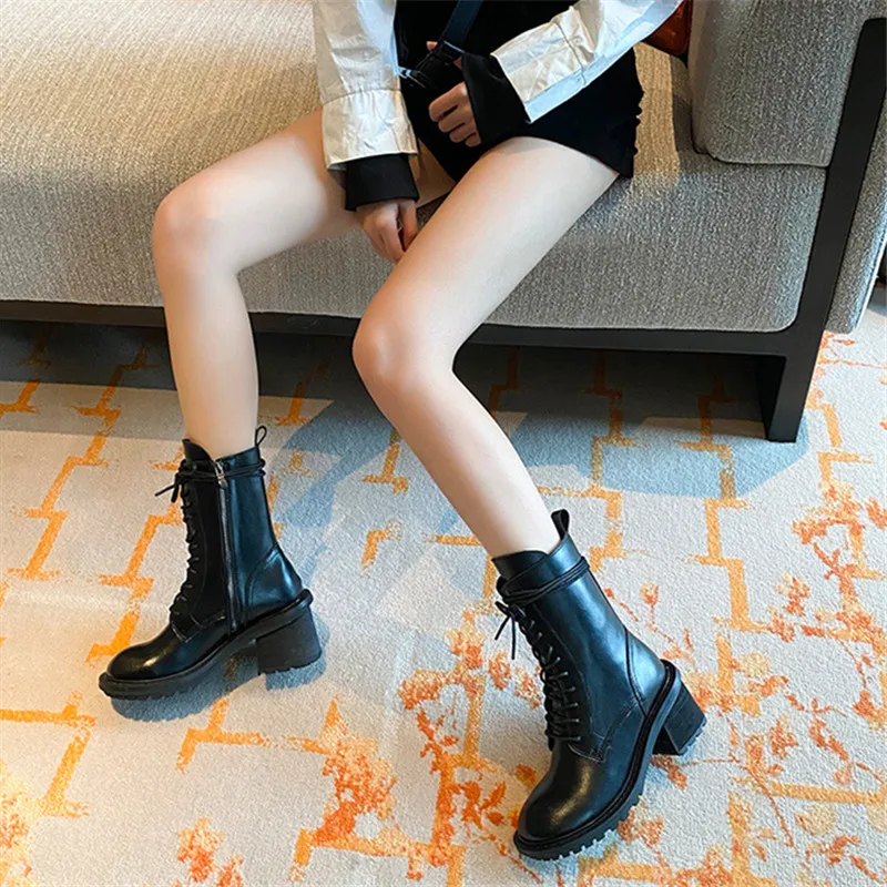 2024 New Women Ankle Boots Lace-up Chunky High Heel Shoes Woman Punk Style Short Booties Ladies Cowboy Boots